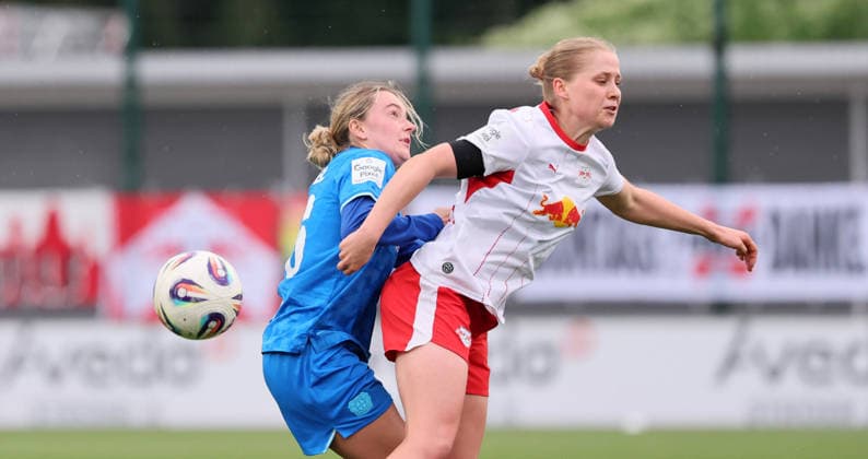 Leipzig, 11 05 2025, Red Bull Campus, Soccer, 1 Bundesliga, Women 25 Matchday , RB Leipzig vs Bayer 04 Leverkusen , Pictured from left Sofie Zdebel 16, LEV , Emilia Asgeirsdottir 8, RBL , For editorial use only Only editorial use , DFL DFB regulations prohibit any use of photographs as image sequences and or quasi video ,