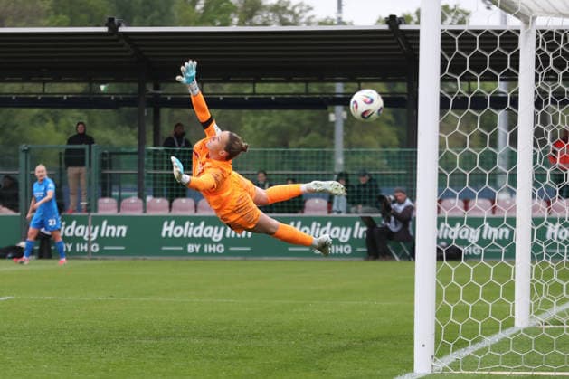 Google Pixel Womens Bundesliga, RB Leipzig Bayer Leverkusen 11 05 2026 Goalkeeper Elvira Herzog 1, RB Leipzig flies in vain Katharina Piljic 6, Bayer Leverkusen scores the goal to lead 1 2 Soccer, Google Pixel Womens Bundesliga, Season 2025 2026, 25 Matchday RB Leipzig vs Bayer 04 Leverkusen on 11 05 2026, Training Center Cottaweg, Leipzig DFB REGULATIONS PROHIBIT ANY USE OF PHOTOGRAPHS AS IMAGE SEQUENCES AND OR QUASI VIDEO Copyright: xBEAUTIFULxSPORTS JanxKaeferx