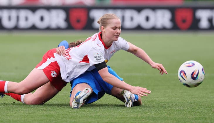 Leipzig, 11 05 2025, Red Bull Campus, Soccer, 1 Bundesliga, Women 25 Matchday , RB Leipzig vs Bayer 04 Leverkusen , Pictured from front Emilia Asgeirsdottir 8, RBL , Carlotta Wamser 37, LEV , For editorial use only Only editorial use , DFL DFB regulations prohibit any use of photographs as image sequences and or quasi video ,