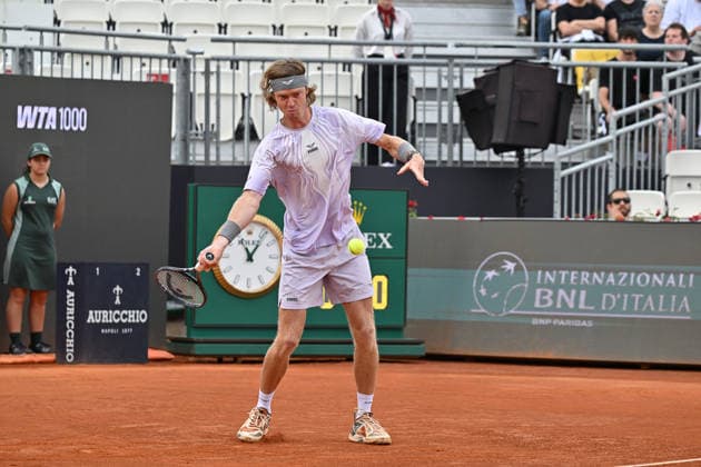 11th May 2026, Foro Italico, Rome, Italy; Italian Open Tennis, Day 8; Andrey Rublev RUS in action during men s singles match AllShotLive