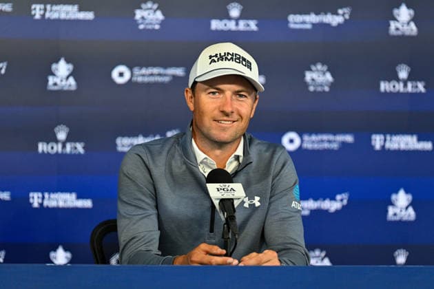 NEWTON SQUARE, PA - MAY 11: Jordan Spieth of United States of America is shown speaking with the media during the 2026 PGA, Golf Herren Championship on May 11th, 2026 at Aronimink Golf Club in Newtown Square, PA. (Photo by Terence Lewis Icon Sportswire) GOLF: MAY 11 PGA PGA Championship EDITORIAL USE ONLY Icon260511001