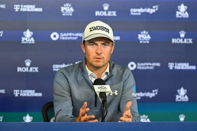 NEWTON SQUARE, PA - MAY 11: Jordan Spieth of United States of America is shown speaking with the media during the 2026 PGA, Golf Herren Championship on May 11th, 2026 at Aronimink Golf Club in Newtown Square, PA. (Photo by Terence Lewis Icon Sportswire) GOLF: MAY 11 PGA PGA Championship EDITORIAL USE ONLY Icon260511003
