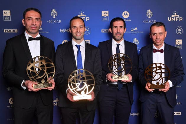 Trophee UNFP 2026 Huseyin OCAK (ARBITRE) - Frederic HEBRARD (ARBITRE) - Jerome BRISARD (ARBITRE) - Alexandre PERREAU NIEL (ARBITRE) during the 2026 UNFP Trophy ceremony at Palais Brongniart on May 11, 2026 in Paris, France. Paris France  Copyright: xFEPx 776493480