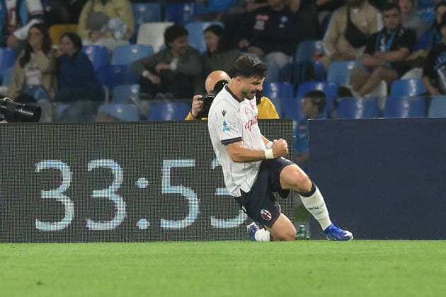 Bologna™s Riccardo Orsolini celebrates after scoring on a penalty kick a goal of 0-2 during the Serie A soccer match between Napoli and Bologna at the Diego Armando Maradona Stadium in Naples, southern italy - Monday , May 11, 2026. - Soccer .  Copyright: xAlessandroxGarofalo LaPressex