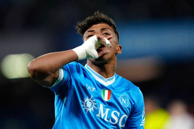 Alisson Santos (SSC Napoli) celebrates after scoring his team s second goal, , SSC Napoli v Bologna FC 1909, Diego Maradona Stadium, May 11, 2026, Napoli, Italy.