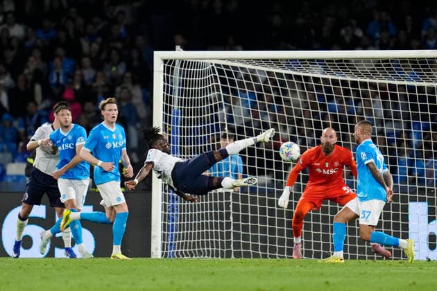Jonathan Rowe (Bologna FC) scores his team s third goal, , SSC Napoli v Bologna FC 1909, Diego Maradona Stadium, May 11, 2026, Napoli, Italy.