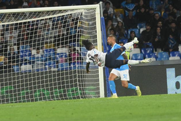 Bologna s Jonathan Rowe scoring a goal of 2-3 during the Serie A soccer match between Napoli and Bologna at the Diego Armando Maradona Stadium in Naples, southern italy - Monday , May 11, 2026. - Soccer .  Copyright: xAlessandroxGarofalo LaPressex