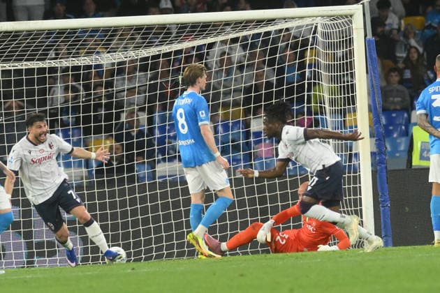 Bologna s Jonathan Rowe celebrates after scoring a goal of 2-3 during the Serie A soccer match between Napoli and Bologna at the Diego Armando Maradona Stadium in Naples, southern italy - Monday , May 11, 2026. - Soccer .  Copyright: xAlessandroxGarofalo LaPressex