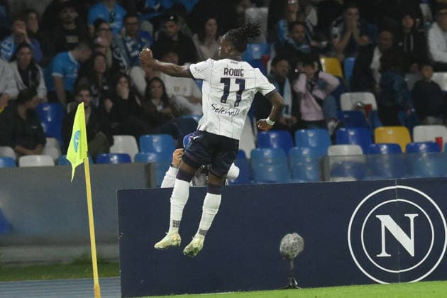 Bologna s Jonathan Rowe celebrates after scoring a goal of 2-3 during the Serie A soccer match between Napoli and Bologna at the Diego Armando Maradona Stadium in Naples, southern italy - Monday , May 11, 2026. - Soccer .  Copyright: xAlessandroxGarofalo LaPressex