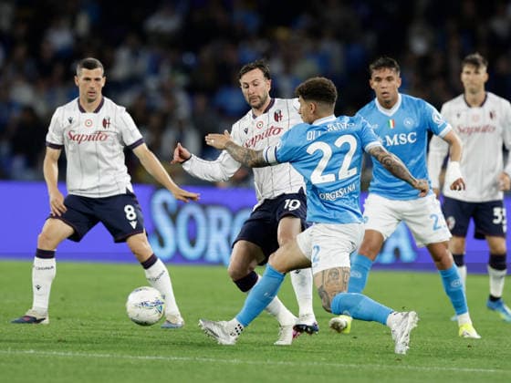 Serie A football match SSC Napoli vs Bologna Napoli s Italian defender Giovanni Di Lorenzo challenges for the ball with Bologna s Italian forward Federico Bernardeschi during the Serie A football match between SSC Napoli and Bologna at the Diego Armando Maradona Stadium in Naples, May 11, 2026. _BPH5949 Copyright: xAntonioxBalascox