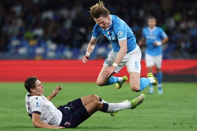 Eivind Helland of Bologna FC and Scott McTominay of SSC Napoli in action during the Serie A 2025 2026 football match between SSC Napoli and Bologna FC at Diego Armando Maradona stadium in Naples (Italy), May 11th, 2026. CesarexPurini