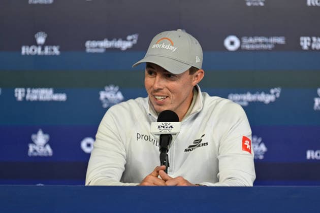 NEWTON SQUARE, PA - MAY 11: Matt Fitzpatrick is shown speaking with the media during the 2026 PGA, Golf Herren Championship on May 11th, 2026 at Aronimink Golf Club in Newtown Square, PA. (Photo by Terence Lewis Icon Sportswire) GOLF: MAY 11 PGA PGA Championship EDITORIAL USE ONLY Icon260511004