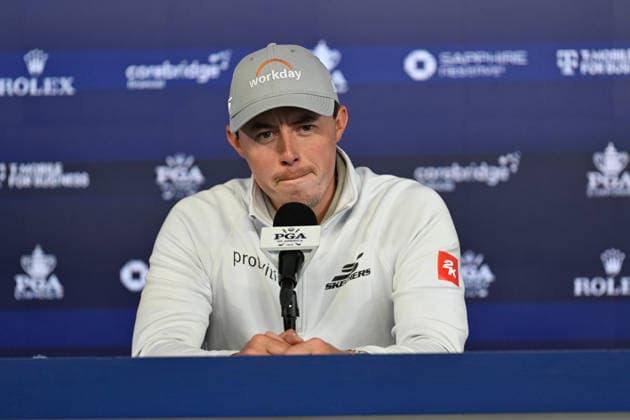 NEWTON SQUARE, PA - MAY 11: Matt Fitzpatrick is shown speaking with the media during the 2026 PGA, Golf Herren Championship on May 11th, 2026 at Aronimink Golf Club in Newtown Square, PA. (Photo by Terence Lewis Icon Sportswire) GOLF: MAY 11 PGA PGA Championship EDITORIAL USE ONLY Icon260511005