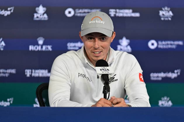 NEWTON SQUARE, PA - MAY 11: Matt Fitzpatrick is shown speaking with the media during the 2026 PGA, Golf Herren Championship on May 11th, 2026 at Aronimink Golf Club in Newtown Square, PA. (Photo by Terence Lewis Icon Sportswire) GOLF: MAY 11 PGA PGA Championship EDITORIAL USE ONLY Icon260511006