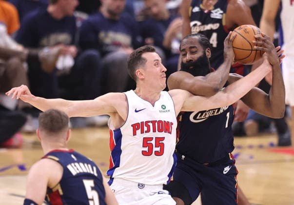Cleveland Cavaliers James Harden (1) is fouled by Detroit Pistons Duncan Robinson (55) in the second quarter in Cleveland, Ohio Monday May 11, 2026.  CLE20260511106 AARONxJOSEFCZYK