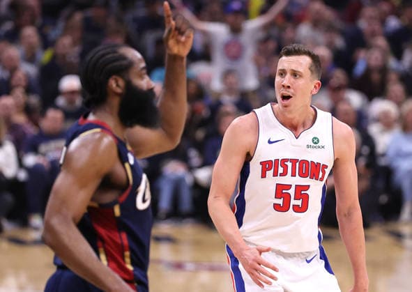 Detroit Pistons Duncan Robinson (55) reacts to his foul on Cleveland Cavaliers James Harden (1) in the fourth quarter in Cleveland, Ohio Monday May 11, 2026. The Cavaliers defeated the Pistons 112-103 to tie the series at 2 games each.  CLE20260511116 AARONxJOSEFCZYK