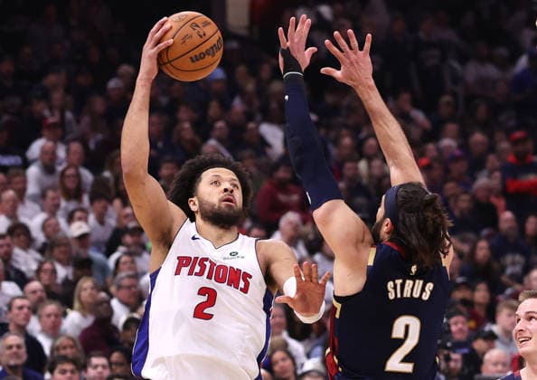 Detroit Pistons Cade Cunningham (2) shoots over Cleveland Cavaliers Max Strus (2) in the third quarter in Cleveland, Ohio Monday May 11, 2026. The Cavaliers defeated the Pistons 112-103 to tie the series at 2 games each.  CLE20260511117 AARONxJOSEFCZYK