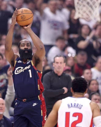 Cleveland Cavaliers James Harden (1) shoots a three over Detroit Pistons Tobias Harris (12) in the first quarter in Cleveland, Ohio Monday May 11, 2026. The Cavaliers defeated the Pistons 112-103 to tie the series at 2 games each.  CLE20260511120 AARONxJOSEFCZYK