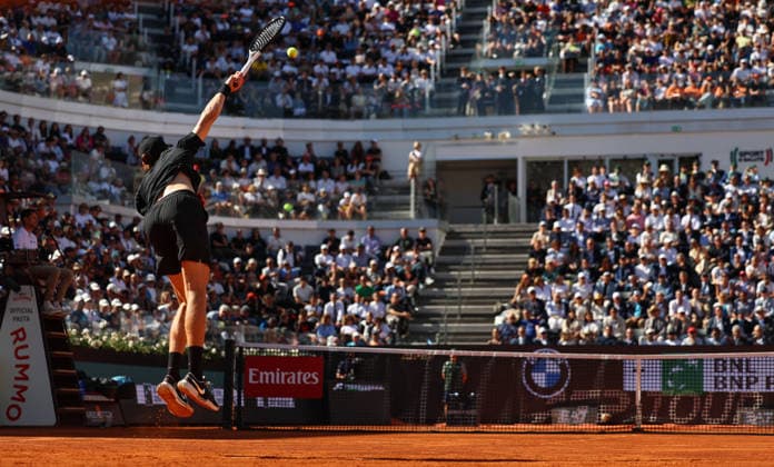 (260512) -- ROME, May 12, 2026 -- Jannik Sinner serves during the men s singles round of 32 match between Jannik Sinner of Italy and Alexei Popyrin of Australia at the ATP, Tennis Herren Italian Open in Rome, Italy, May 11, 2026. ) (SP)ITALY-ROME-TENNIS-ATP-ITALIAN OPEN-MEN S SINGLES WangxKaiyan 