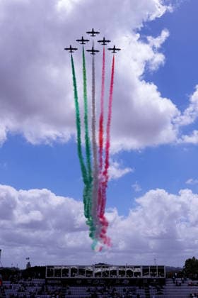 the passage of the tricolor arrows over the central stadium of the international tennis tournament during the match between Lorenzo Musetti (ITA) vs Casper Ruud (NOR) at the Italian Open in Rome, Tuesday, May 12, 2026. (Alfredo Falcone LaPresse)  Copyright: xAlfredoxFalcone LaPressex