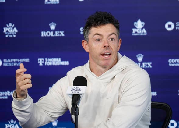 Rory McIlroy of Northern Ireland speaks at a press conference, PK, Pressekonferenz prior to the 108th PGA, Golf Herren Championship at Aronimink Golf Club on Tuesday, May 12, 2026 in Newtown, Pennsylvania.  PGA20260512103 JOHNxANGELILLO