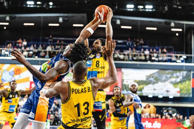 Rostock, Germany 12 May 2026 easyCredit BBL Play Ins 2025 2026 Rostock Seawolves vs MHP Riesen Ludwigsburg Pictured left Kassim Nicholson Rostock Seawolves , Yorman Polas Bartolo MHP RIESEN Ludwigsburg and Terrell Harris MHP RIESEN Ludwigsburg Stadthalle Rostock Mecklenburg Vorpommern Copyright: xFotostandx xVoelkerx