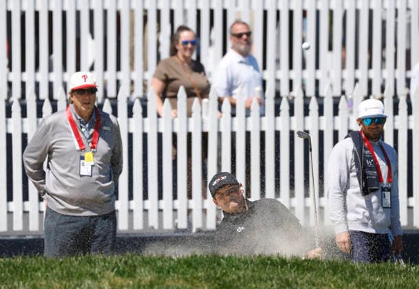 Patrick Reed hits a practice shot out of a bunker two days before the start of 108th PGA, Golf Herren Championship at Aronimink Golf Club on Tuesday, May 12, 2026 in Newtown, Pennsylvania.  PGA20260512114 JOHNxANGELILLO