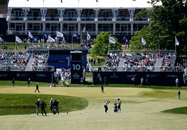 Players hit approach shots to the 10th green during a practice round two days before the start of 108th PGA, Golf Herren Championship at Aronimink Golf Club on Tuesday, May 12, 2026 in Newtown, Pennsylvania.  PGA20260512120 JOHNxANGELILLO