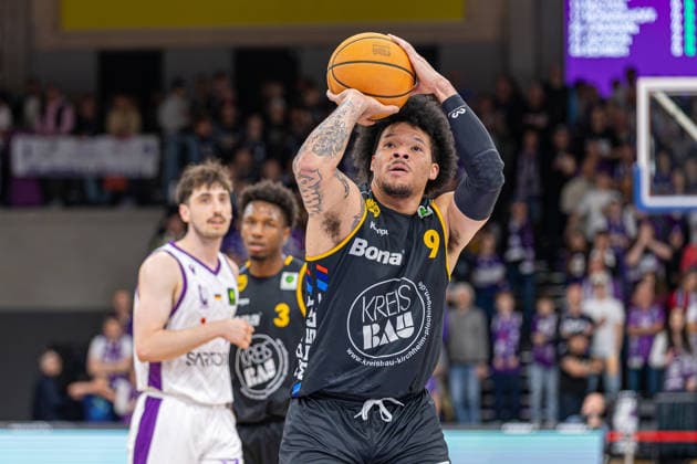 ProA, BG Goettingen vs Bozic Estriche Kirchheim Knights, Sparkassen Arena Goettingen 12 05 2026 ProA, Goettingen, Germany 12 05 2026 Tylan Pope Bozic Estriche Kirchheim Knights, 9 on free throw, Barmer ProA 2 Basketball Bundesliga, Playoffs, Game of BG Goettingen vs Bozic Estriche Kirchheim Knights, Sparkassen Arena Goettingen Copyright: xBEAUTIFULxSPORTS Freudensteinx