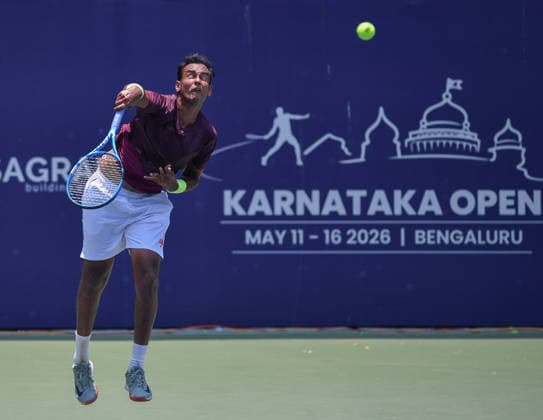 IPA84606955 - Bengaluru, India. 12th May, 2026. Mukund Sasikumar (IND) on action in Men s singles 1st round in the Karnataka Open ATP, Tennis Herren Challenger 2026 at the KSLTA Stadium in Bengaluru, India  Copyright: xRanjithxKumar IPAxSportx xx 84606955