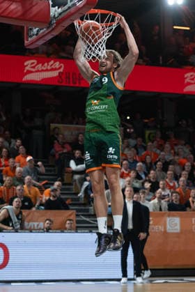 GER, Basketball, easy Credit BBL, Play Ins, Rasta Vechta vs VET CONCEPT Gladiators Trier 12 05 2026, Rasta Dome, Vechta, GER, easy Credit BBL, Play Ins, Rasta Vechta vs VET CONCEPT Gladiators Trier, in the picture Marco HOLLERSBACHER VET CONCEPT Gladiators Trier 9 with the Dunking nordphotoxgmbhx xRojahn nph00310
