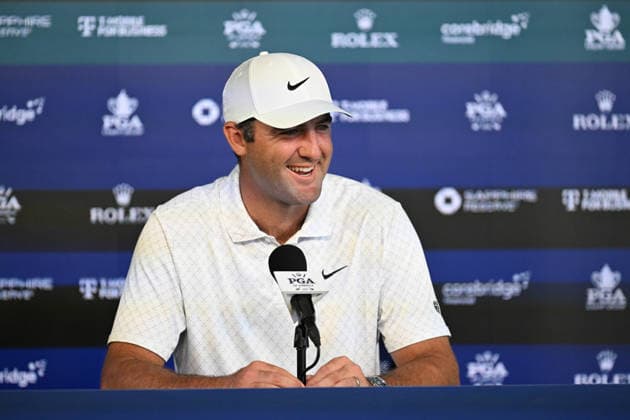 NEWTON SQUARE, PA - MAY 12: Scottie Scheffler of United States of America speaks to the media during the 2026 PGA, Golf Herren Championship on May 12th, 2026 at Aronimink Golf Club in Newtown Square, PA.(Photo by Terence Lewis Icon Sportswire) GOLF: MAY 12 PGA PGA Championship EDITORIAL USE ONLY Icon260512021