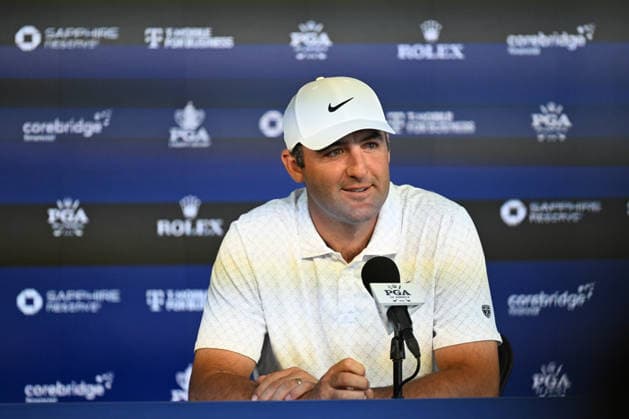 NEWTON SQUARE, PA - MAY 12: Scottie Scheffler of United States of America speaks to the media during the 2026 PGA, Golf Herren Championship on May 12th, 2026 at Aronimink Golf Club in Newtown Square, PA.(Photo by Terence Lewis Icon Sportswire) GOLF: MAY 12 PGA PGA Championship EDITORIAL USE ONLY Icon260512022