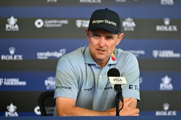 NEWTON SQUARE, PA - MAY 12: Justin Rose of England speaks with the media during the 2026 PGA, Golf Herren Championship on May 12th, 2026 at Aronimink Golf Club in Newtown Square, PA.(Photo by Terence Lewis Icon Sportswire) GOLF: MAY 12 PGA PGA Championship EDITORIAL USE ONLY Icon260512028