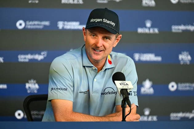 NEWTON SQUARE, PA - MAY 12: Justin Rose of England speaks with the media during the 2026 PGA, Golf Herren Championship on May 12th, 2026 at Aronimink Golf Club in Newtown Square, PA.(Photo by Terence Lewis Icon Sportswire) GOLF: MAY 12 PGA PGA Championship EDITORIAL USE ONLY Icon260512030