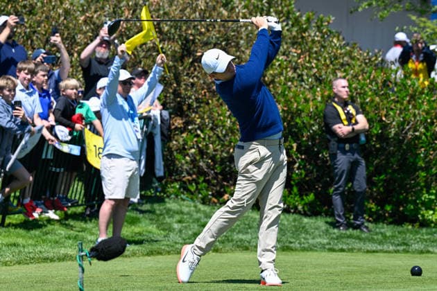 NEWTON SQUARE, PA - MAY 12: Rory McIlroy of Northern Ireland tees off on the first hole during the 2026 PGA, Golf Herren Championship on May 12th, 2026 at Aronimink Golf Club in Newtown Square, PA.(Photo by Terence Lewis Icon Sportswire) GOLF: MAY 12 PGA PGA Championship EDITORIAL USE ONLY Icon260512037