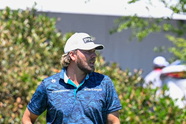 NEWTON SQUARE, PA - MAY 12: Daniel Brown of England is shown on the first hole during the 2026 PGA, Golf Herren Championship on May 12th, 2026 at Aronimink Golf Club in Newtown Square, PA.(Photo by Terence Lewis Icon Sportswire) GOLF: MAY 12 PGA PGA Championship EDITORIAL USE ONLY Icon260512043
