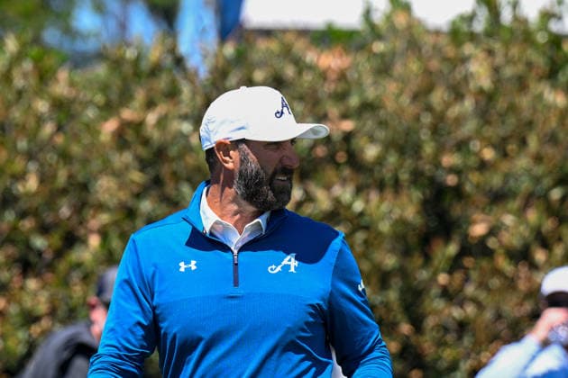 NEWTON SQUARE, PA - MAY 12: Dustin Johnson of United States of America looks on during the 2026 PGA, Golf Herren Championship on May 12th, 2026 at Aronimink Golf Club in Newtown Square, PA.(Photo by Terence Lewis Icon Sportswire) GOLF: MAY 12 PGA PGA Championship EDITORIAL USE ONLY Icon260512046