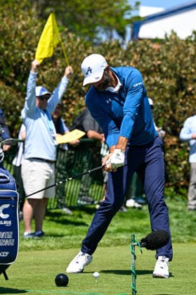 NEWTON SQUARE, PA - MAY 12: Dustin Johnson of United States of America tees off during the 2026 PGA, Golf Herren Championship on May 12th, 2026 at Aronimink Golf Club in Newtown Square, PA.(Photo by Terence Lewis Icon Sportswire) GOLF: MAY 12 PGA PGA Championship EDITORIAL USE ONLY Icon260512054