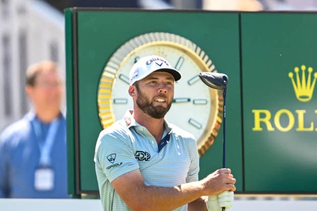 NEWTON SQUARE, PA - MAY 12: Sam Burns of United States of America reacts during the 2026 PGA, Golf Herren Championship on May 12th, 2026 at Aronimink Golf Club in Newtown Square, PA.(Photo by Terence Lewis Icon Sportswire) GOLF: MAY 12 PGA PGA Championship EDITORIAL USE ONLY Icon260512062