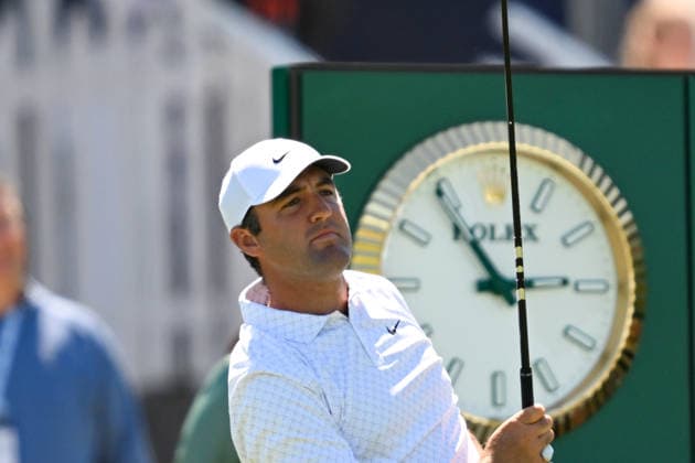 NEWTON SQUARE, PA - MAY 12: Scottie Scheffler of United States of America reacts during the 2026 PGA, Golf Herren Championship on May 12th, 2026 at Aronimink Golf Club in Newtown Square, PA.(Photo by Terence Lewis Icon Sportswire) GOLF: MAY 12 PGA PGA Championship EDITORIAL USE ONLY Icon260512065
