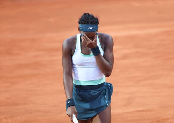 (260513) -- ROME, May 13, 2026 -- Coco Gauff of the United States reacts after losing a point during the women s singles quarterfinal between Coco Gauff of the United States and Mirra Andreeva of Russia at the WTA, Tennis Damen Italian Open in Rome, Italy, May 12, 2026. ) (SP)ITALY-ROME-TENNIS-WTA-ITALIAN OPEN LixJing 