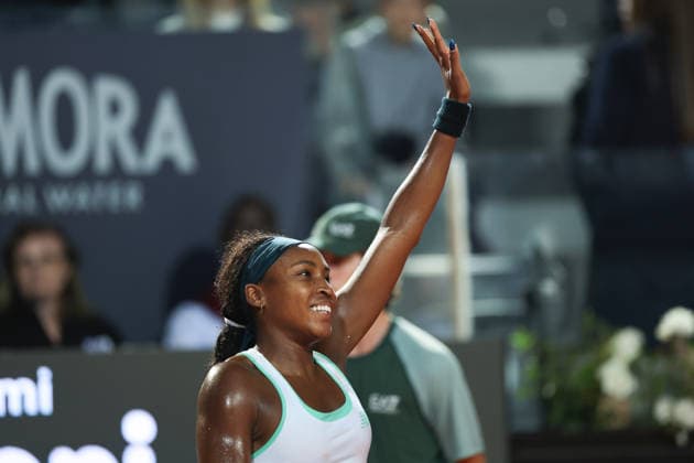 (260513) -- ROME, May 13, 2026 -- Coco Gauff of the United States celebrates after winning the women s singles quarterfinal between Coco Gauff of the United States and Mirra Andreeva of Russia at the WTA, Tennis Damen Italian Open in Rome, Italy, May 12, 2026. ) (SP)ITALY-ROME-TENNIS-WTA-ITALIAN OPEN LixJing 