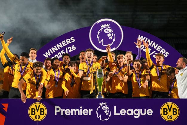 Borussia Dortmund celebrate with the winning trophy during the Premier League International Cup final match between Real Madrid Castilla and Borussia Dortmund U21, U 21 at Adams Park, High Wycombe, England on 12 May 2026.  Copyright: xAndyxRowlandx PMI-7244-0005