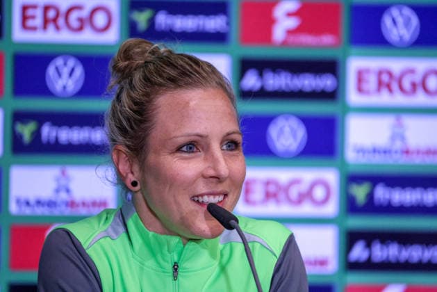 Cologne, Germany 13 May 2026 46 DFB Cup Womens Final 2026 VfL Wolfsburg Women vs FC Bayern Munich Women Final Press Conference In the picture Svenja Huth VfL at the final press conference in Cologne Copyright: HMBxMedia MadeleinexFantini