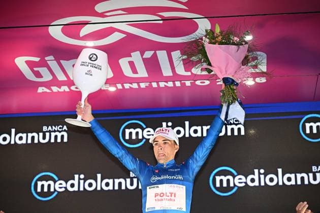 May 13, 2026, Potenza, ITALY: Spanish rider Diego Pablo Sevilla of Team Polti Visitmalta wearing the best climber s blue jersey, poses on the podium after 05th stage of the 109 Giro d Italia 2026, cycling race over 203 km from Praia a Mare to Potenza, 13 May 2026. ANSA LUCA ZENNARO. Giro D Italia Cycling Tour - Stage 05  - ZUMAa110 20260513_zaf_a110_031 Copyright: xLucaxZennarox