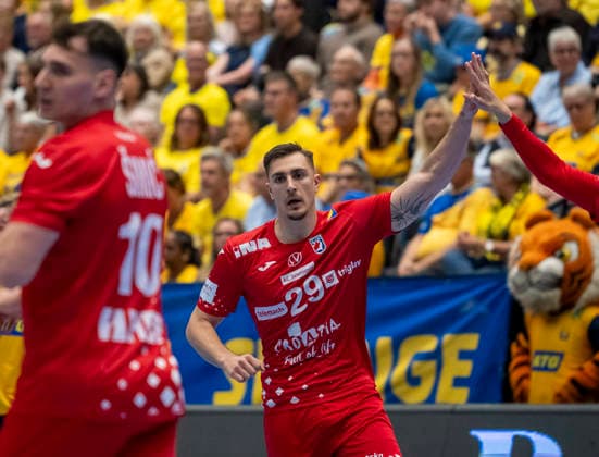 Croatia s Patrik Martinovic celebrates after scoring during Wednesday s international handball match between Sweden and Croatia in Kristianstad Arena in Kristianstad, Sweden on may 13, 2026 KRISTIANSTAD SWEDEN x50090x  Copyright: xJohanxNilssonx xTTx HANDBALL SWEDEN-CROATIA