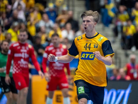 KRISTIANSTAD 2026 05 13 Sweden s Leon HalÃ n celebrates after scoring during Wednesday s international handball match between Sweden and Croatia in Kristianstad Arena KRISTIANSTAD SWEDEN x50090x  Copyright: xJohanxNilssonx xTTx HANDBALL SWEDEN-CROATIA