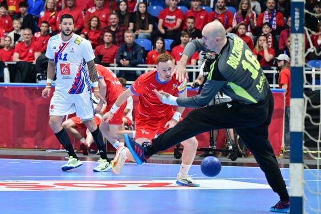 L-R Nicolas Tournat (FRA), Tomas Piroch (CZE) and Charles Bolzinger (FRA) in action during the World Handball Championship qualification playoff men s match: Czechia vs France in Brno, Czech Republic, May 13, 2026. (CTKxPhoto VaclavxSalek) CTKPhotoP2026051308928  CTKPhotoP2026051308928