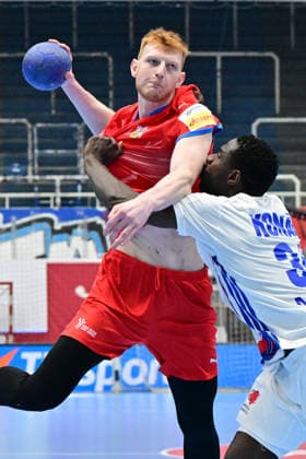 L-R Daniel Blaha (CZE) and Karl Konan (FRA) in action during the World Handball Championship qualification playoff men s match: Czechia vs France in Brno, Czech Republic, May 13, 2026. (CTKxPhoto VaclavxSalek) CTKPhotoP2026051309075  CTKPhotoP2026051309075